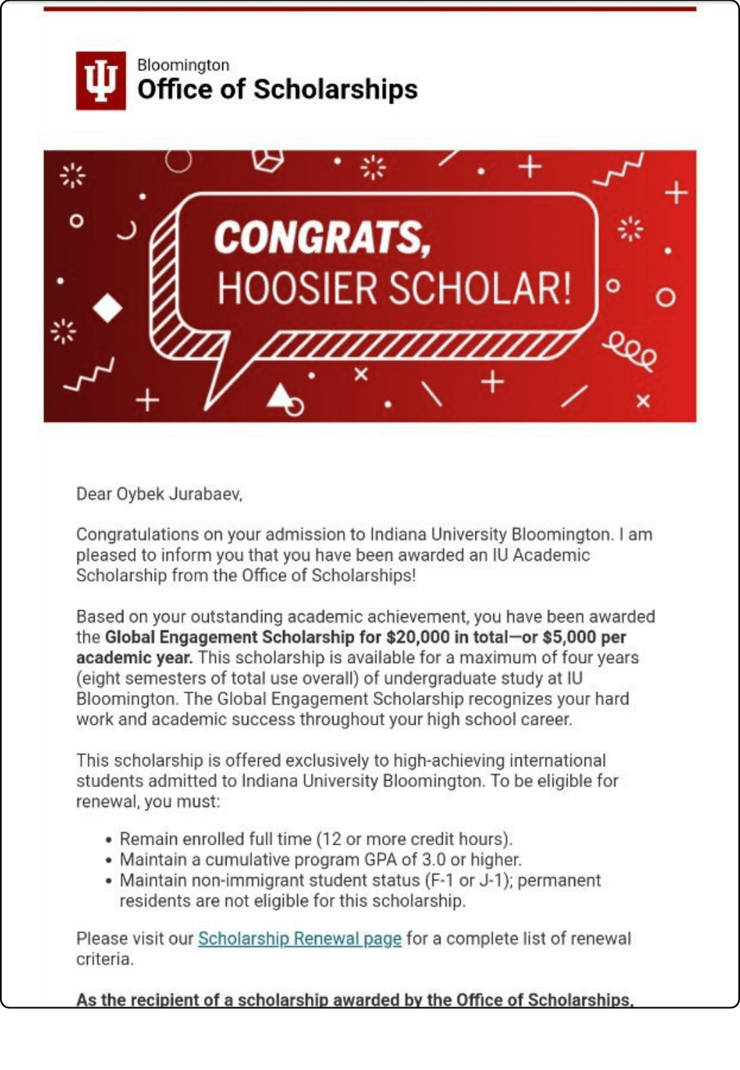 Certificate from Indiana University Bloomington